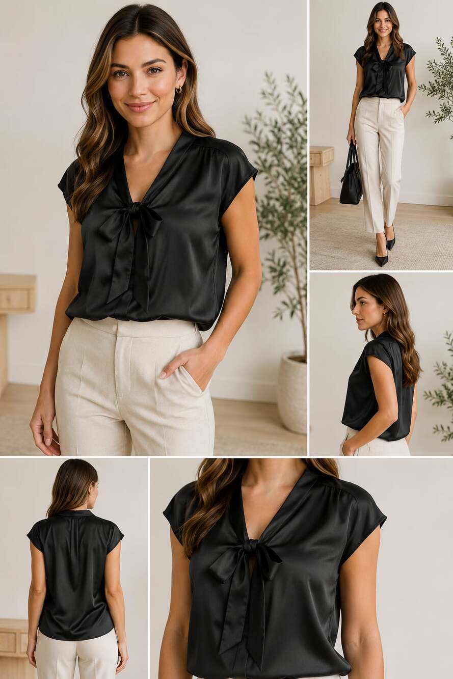 Theory Black Silk Satin Tie Neck Blouse Puff Sleeve Career Luxe Top Sz S